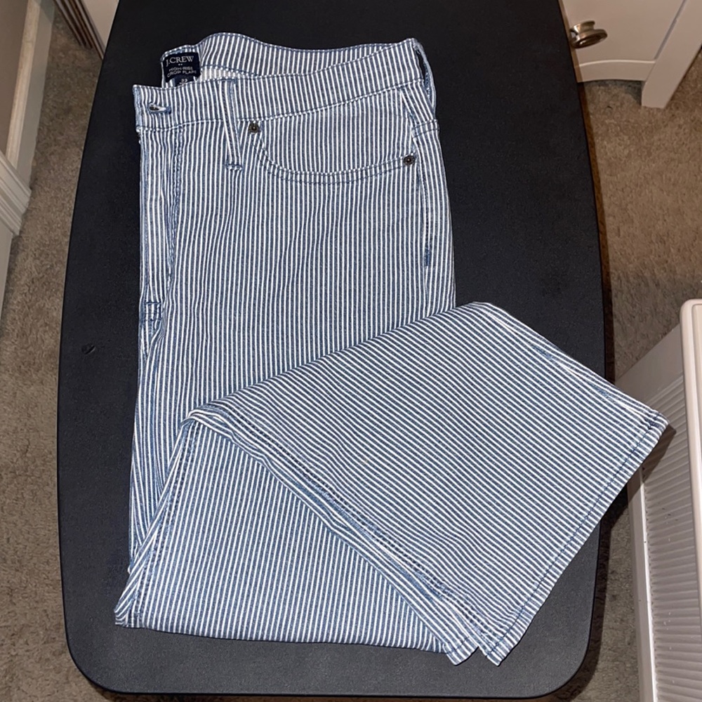 Pinstriped high rise crop flare jeans